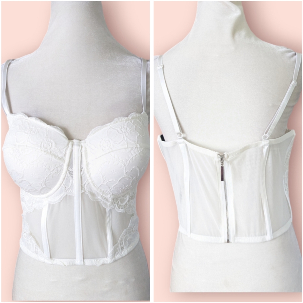 Say What Bustier Top XL White Lace Zipper Back Boned Corset Underwire Sleeveless